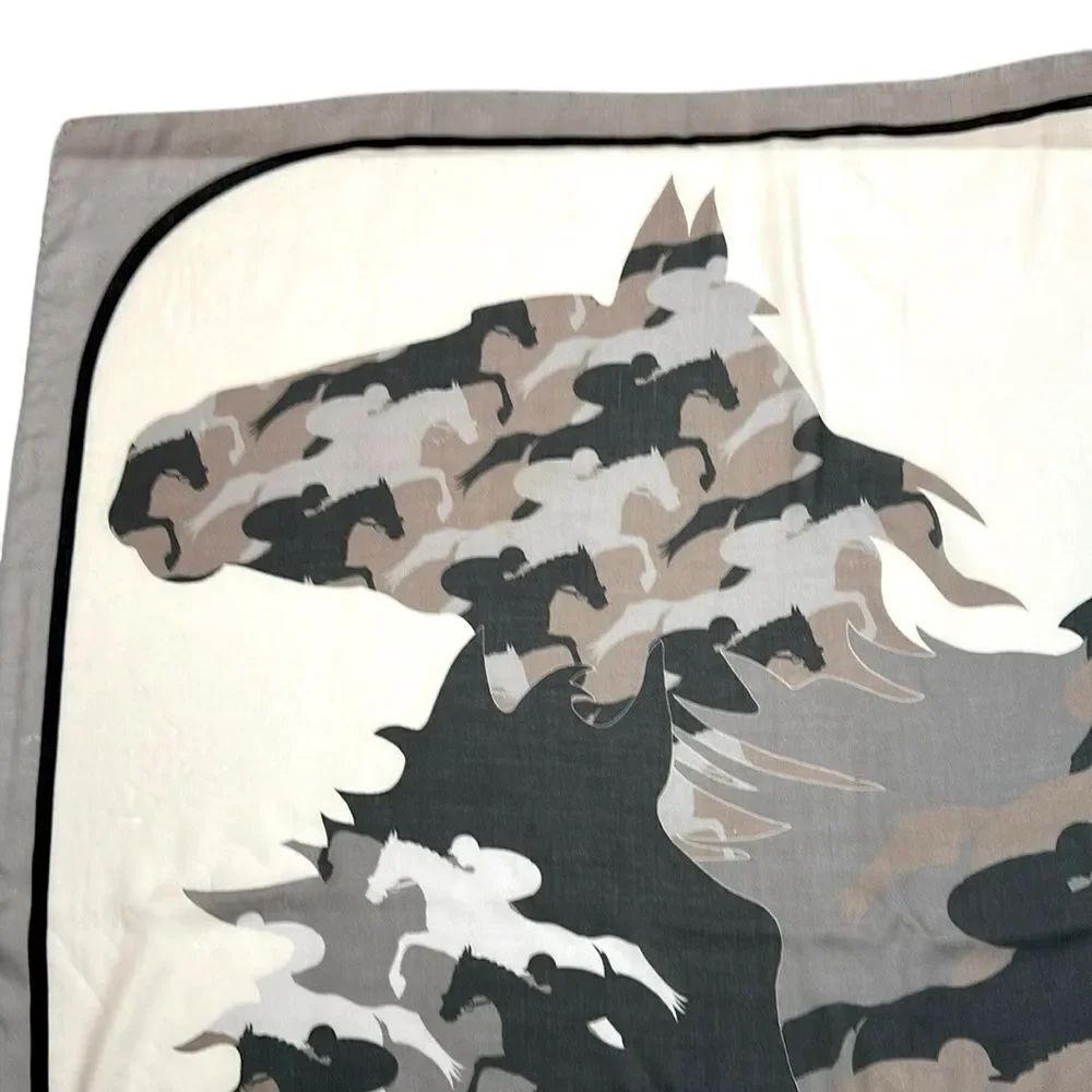 RANI ARABELLA Horse Racing Scarf Shawl Beige Taupe Cashmere Silk Wool ITALY 51”